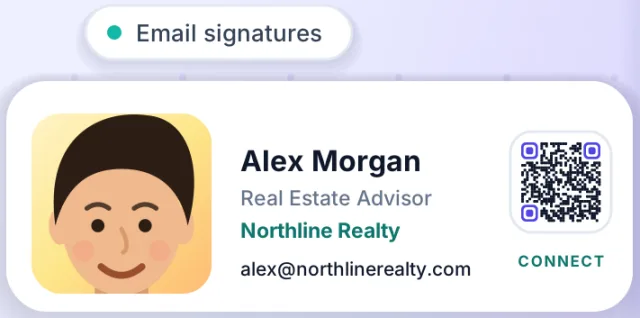Email signature with photo, title, company and a Connect QR code that opens the digital business card