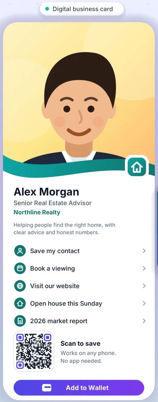 Real estate advisor digital business card with Book a viewing, Open house this Sunday, market report links and Add to Wallet