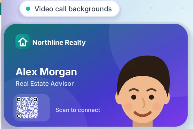 Branded video call background with name, title and a scan-to-connect QR code